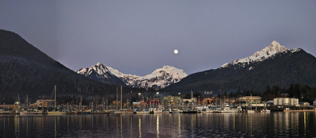 Full Moon over Sitka Eliason Harbor and Mountains Beyond