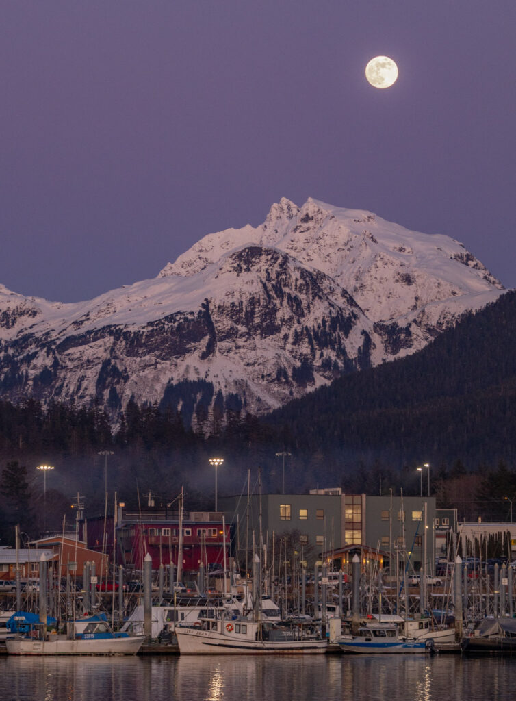 Full Moon over Harbor and Mountains