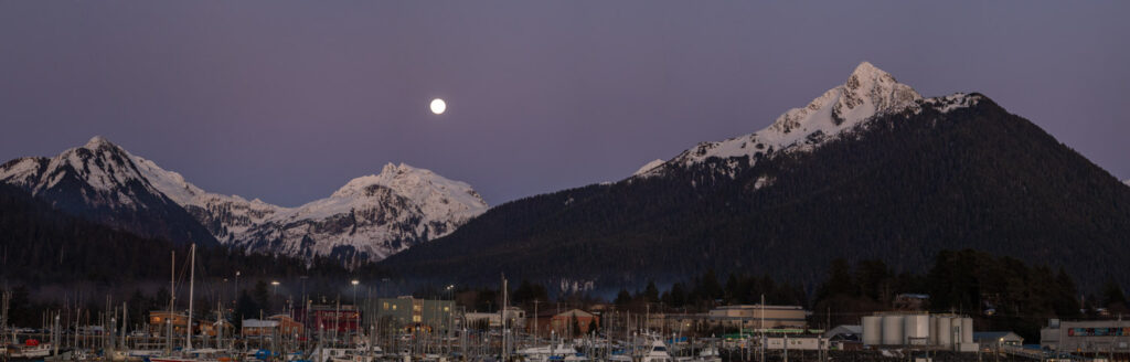 Full Moon over Sitka Eliason Harbor and Mountains Beyond